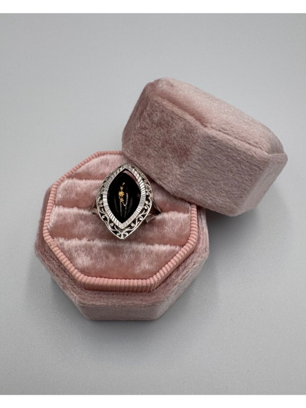 Vintage Italian 800 Silver Black Enamel Floral Art Deco Revival Ring